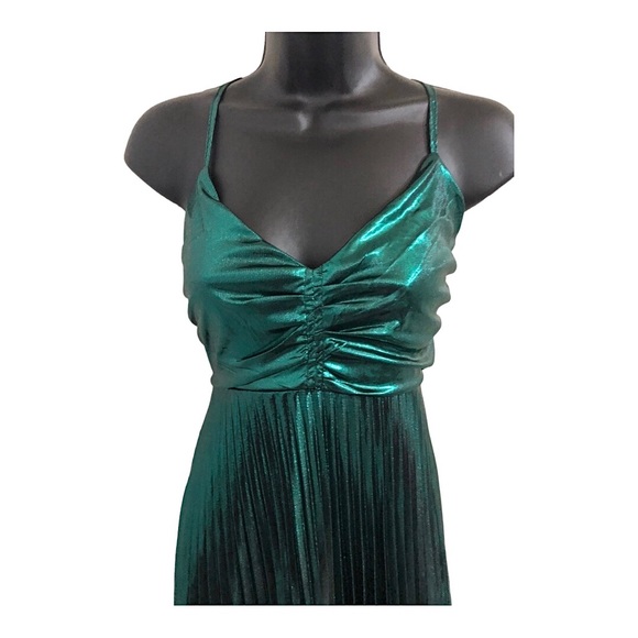 Beautiful emerald green lurex look open lace up back pleated maxi dress size S - Picture 7 of 17